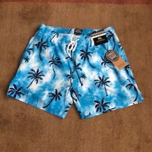 Men’s blue Hawaiian palm tree drawstring XL swim trunks with liner